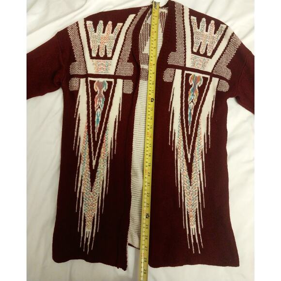 Xhilaration Southwestern Tribal Cardigan Women’s Maroon Open Front Boho Sweater - Picture 5 of 8